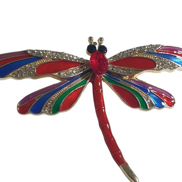 Dragonfly Brooch Rhinestones Red Green Blue Gold Tone Sparkling Enamel Jewelry - Picture 2 of 4